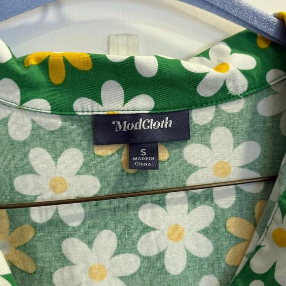 Modcloth Size Small Summer School Cool Green White Yellow Daisy Dress Retro - Picture 5 of 6
